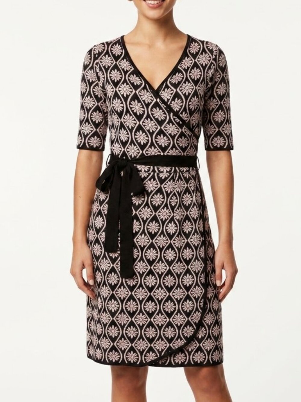 Just Taylor Vintage Mod Geo Floral Knit Wrap Dress Med Black Ivory Graphic 70s